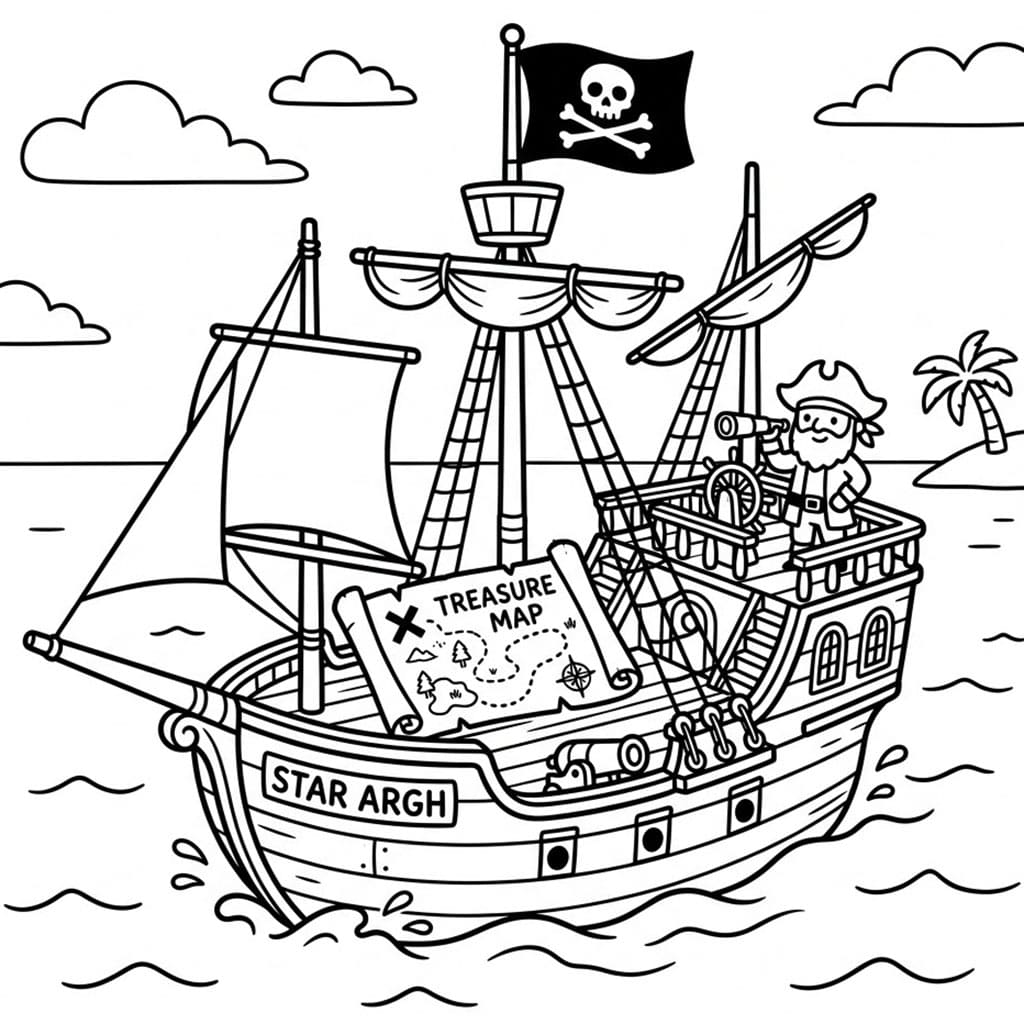 Piratskip med Skattekart fargelegging