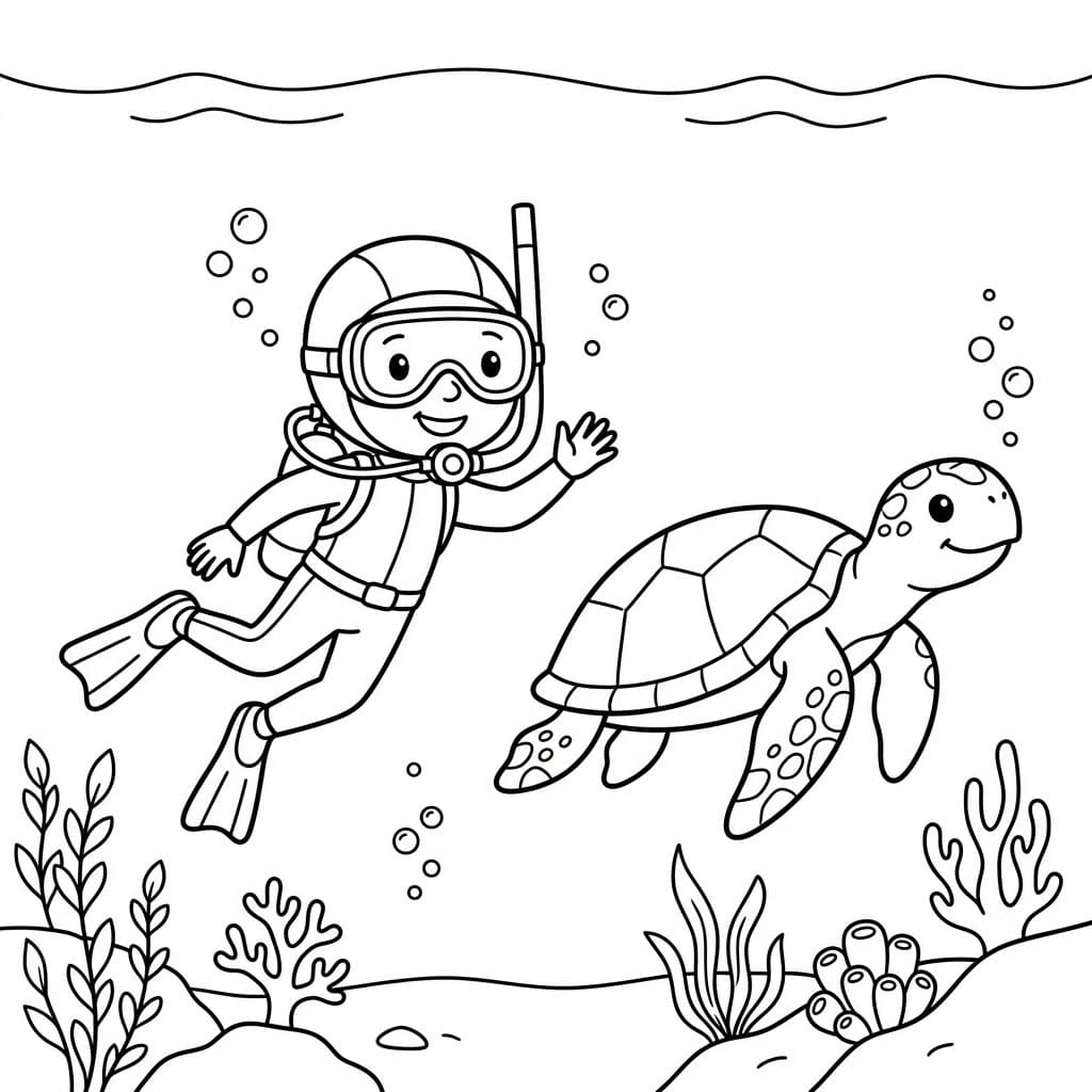 Søt havskilpadde og dykker fargelegging