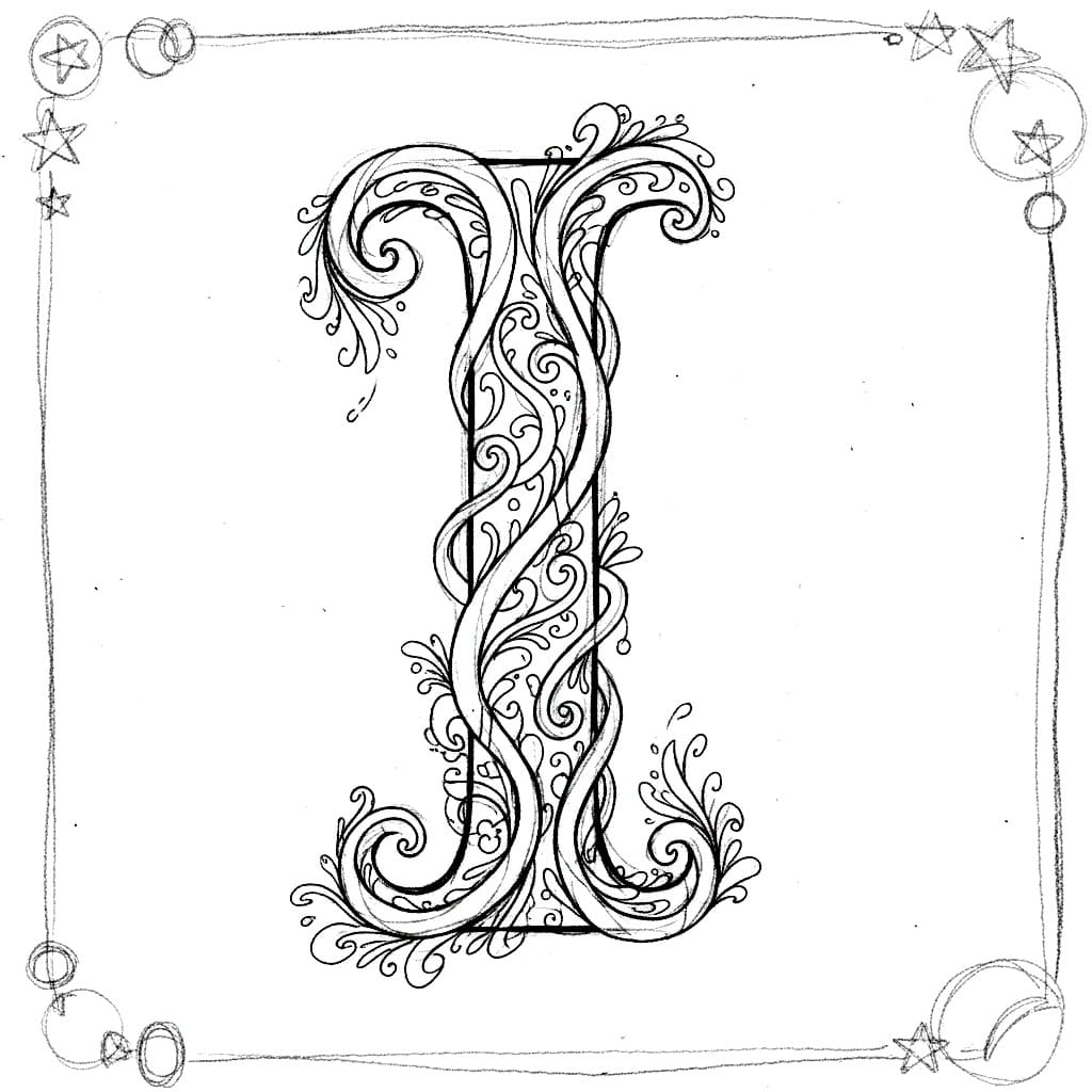 Blyantskisse av bokstav I fargelegging