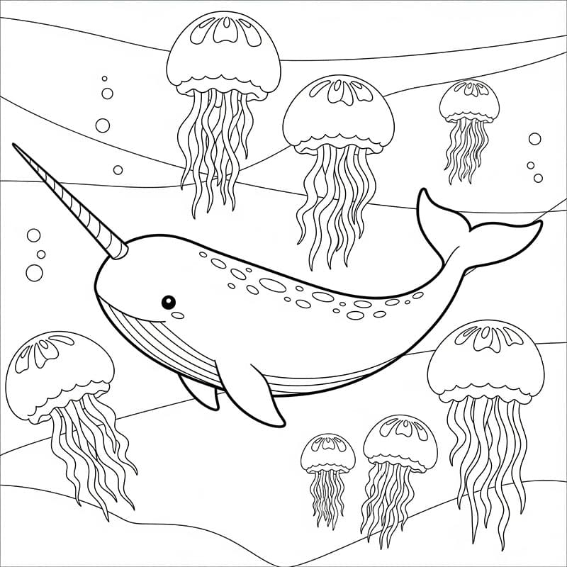 Narhval og maneter gratis fargelegging