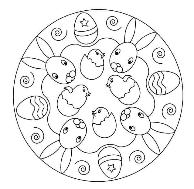 Påskemandala med kylling og kanin fargelegging