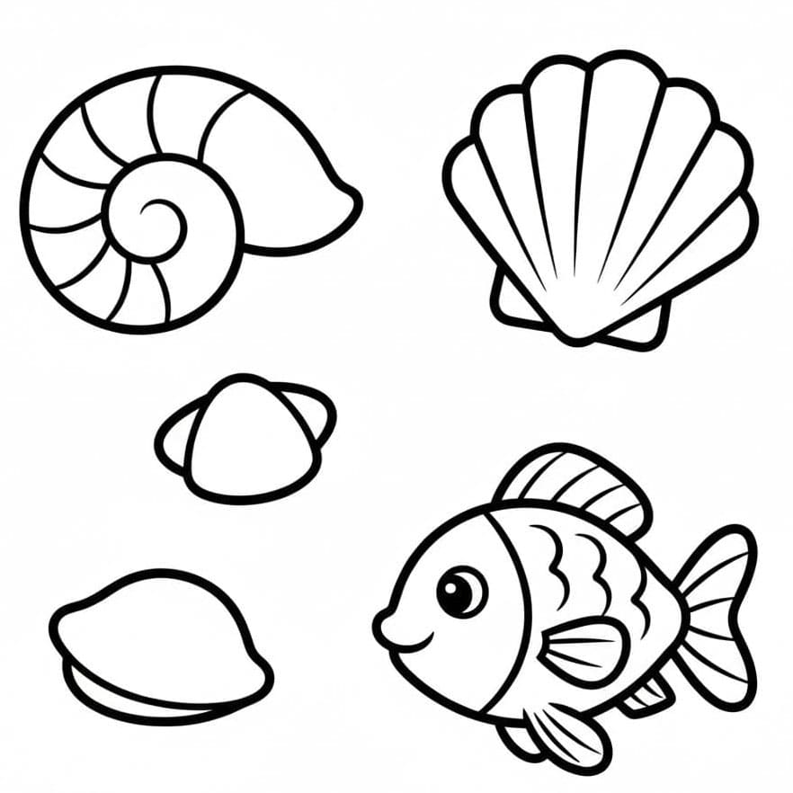 Skjell og en liten fisk fargelegging