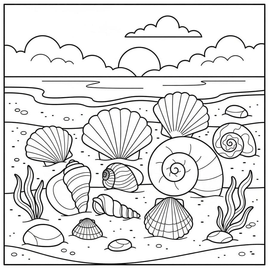 Skjell på stranden bilde fargelegging