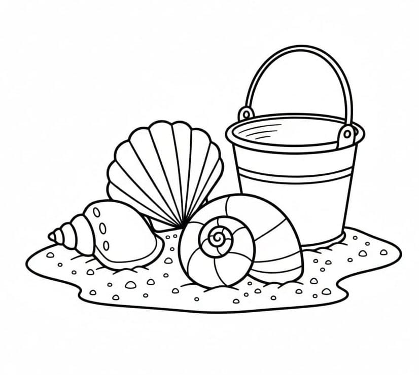 Skjell, sand og en liten bøtte fargelegging