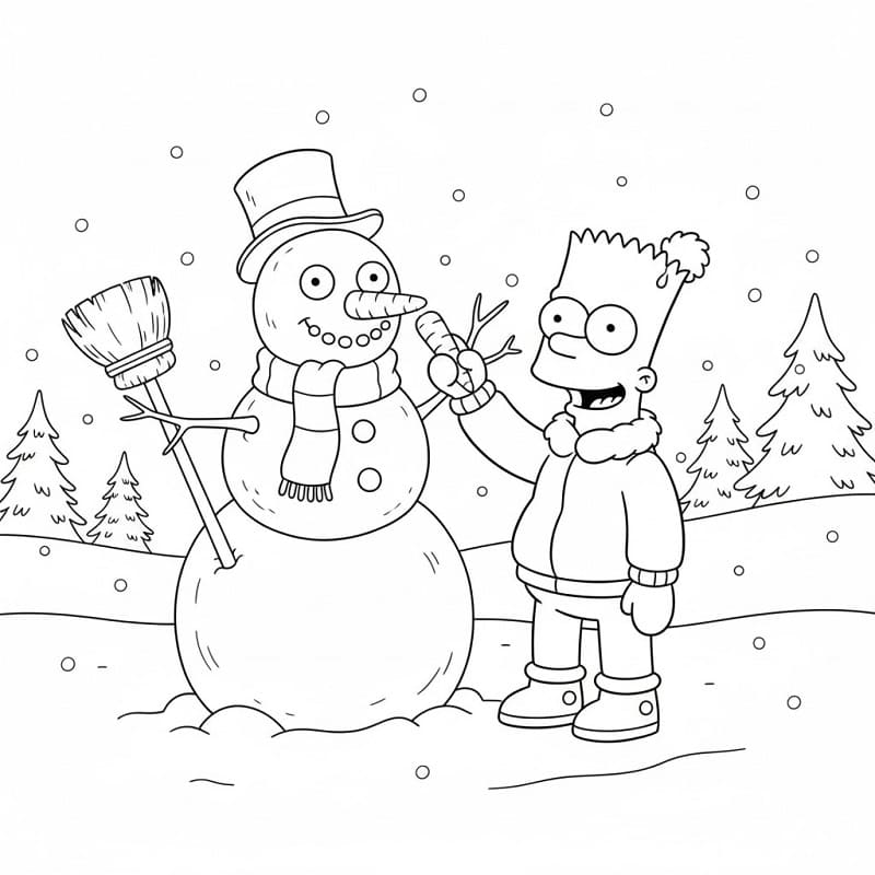 Bart Simpson og en snømann fargelegging