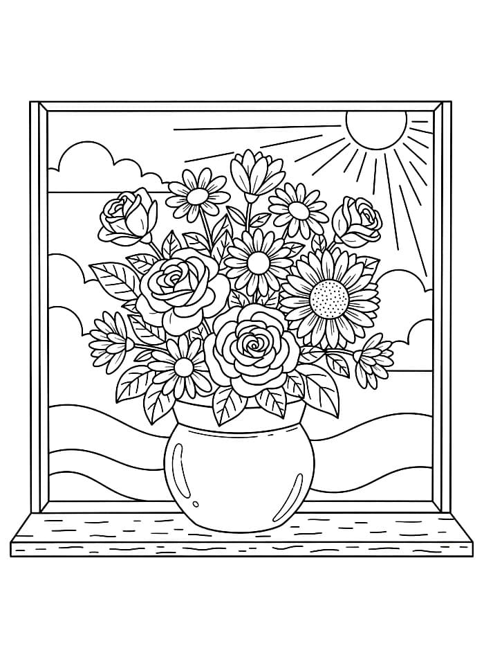 Blomsterpotte i vinduskarmen fargelegging