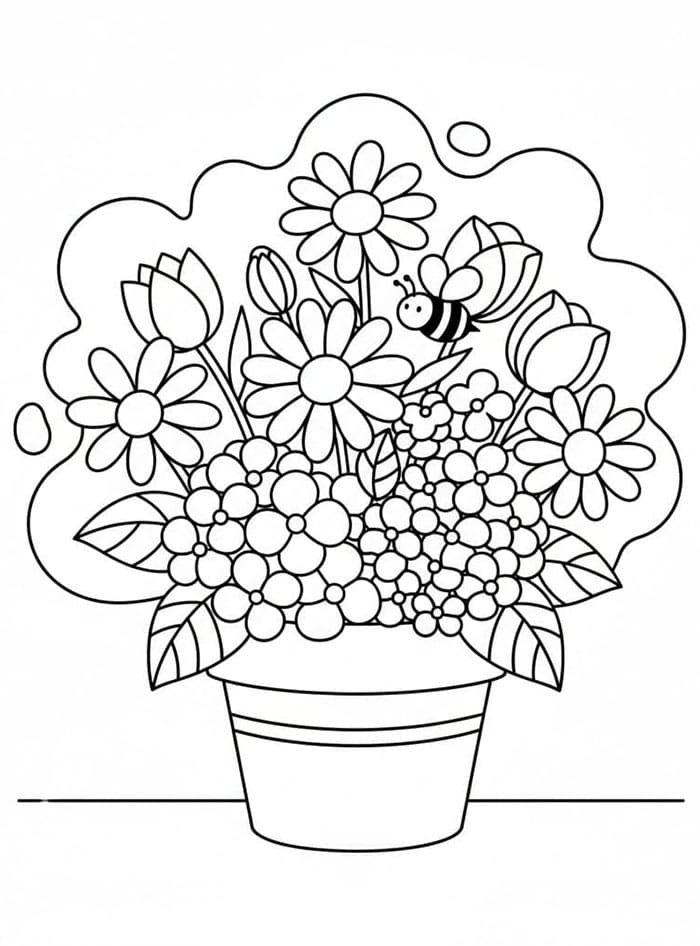 Blomsterpotte og bie fargelegging