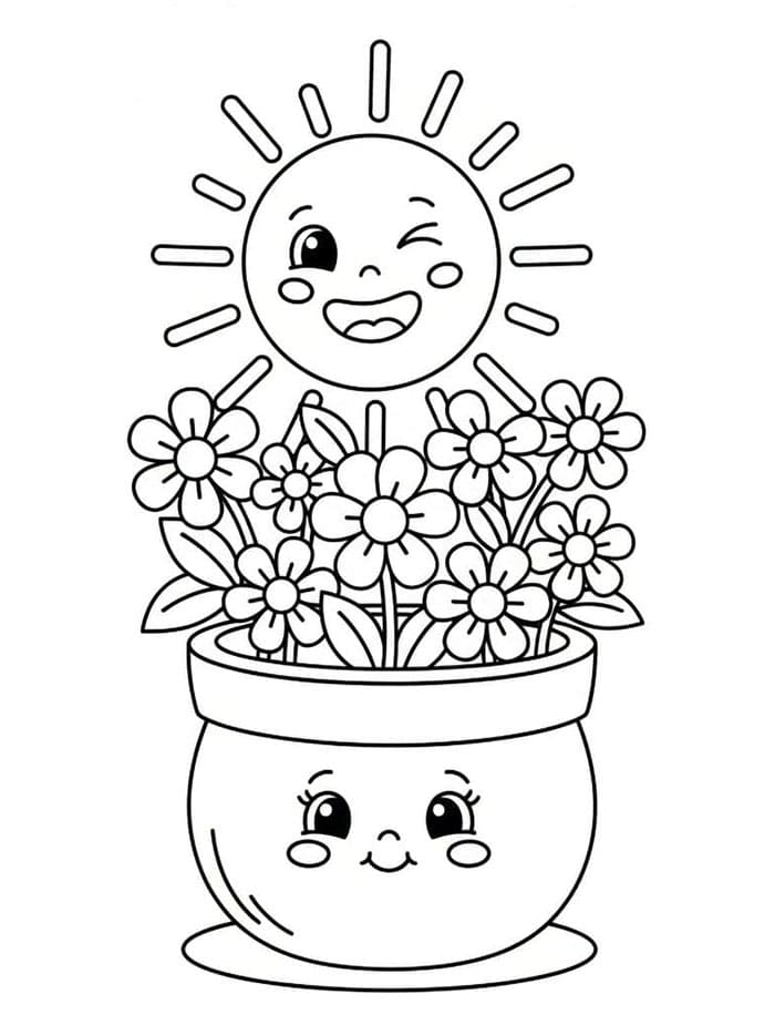 Blomsterpotte og sol fargelegging