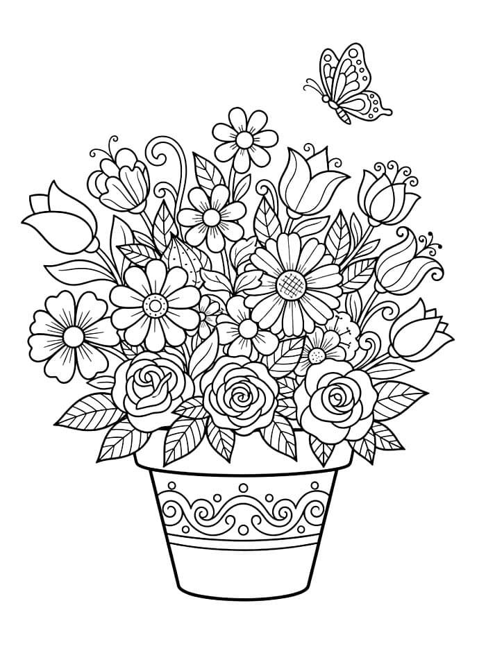 Blomsterpotte og sommerfugl fargelegging