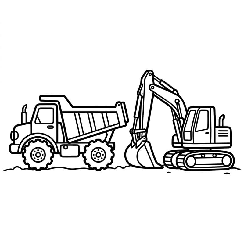 Dumper og gravemaskin i arbeid fargelegging