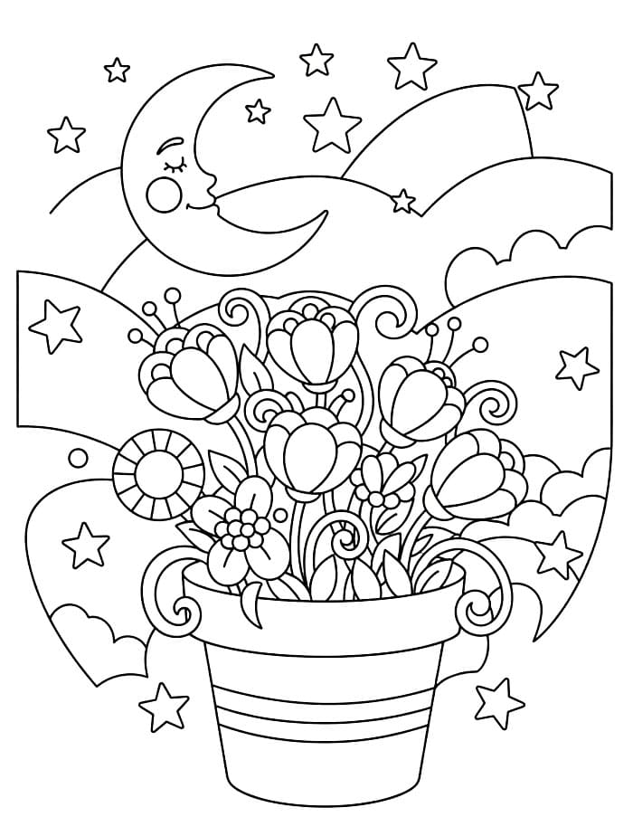 Måneskinnsblomsterpotte fargelegging