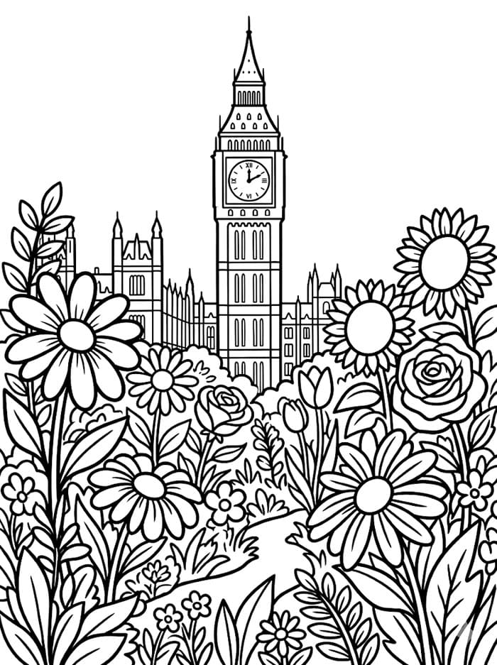 Big Ben og blomsterhage fargelegging