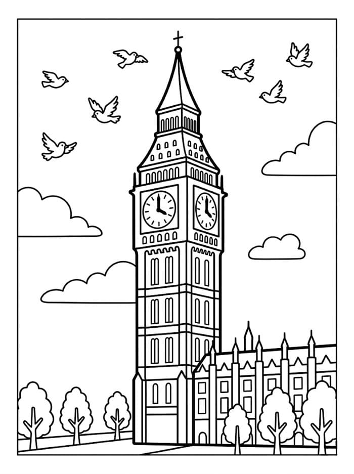 Big Ben og flygende fugler fargelegging