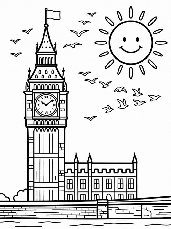 Big Ben og flygende fugler ved solnedgang fargelegging