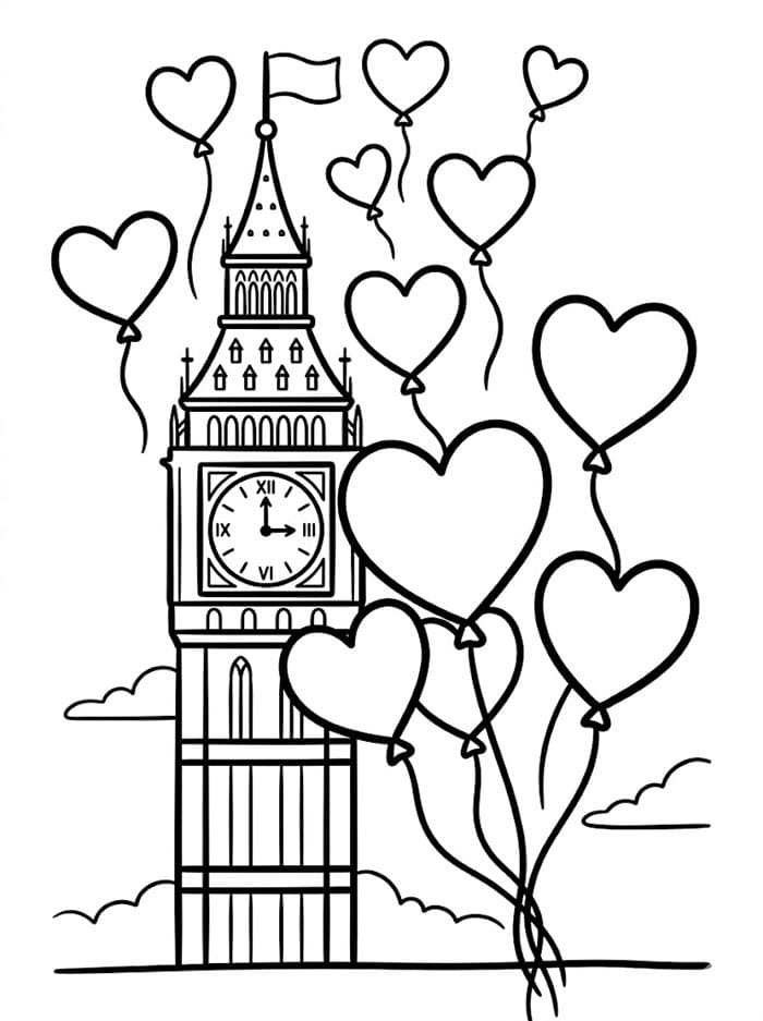 Big Ben og hjerteballonger fargelegging