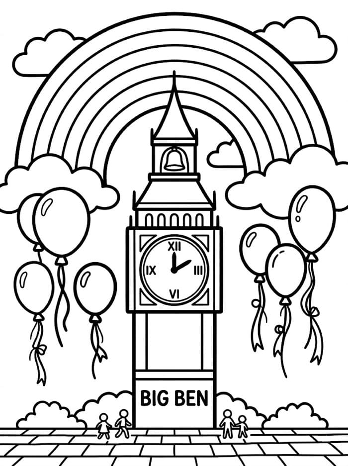 Big Ben og regnbueballonger fargelegging