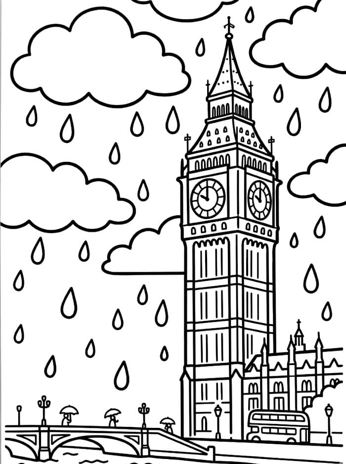 Big Ben og skyer med regn fargelegging