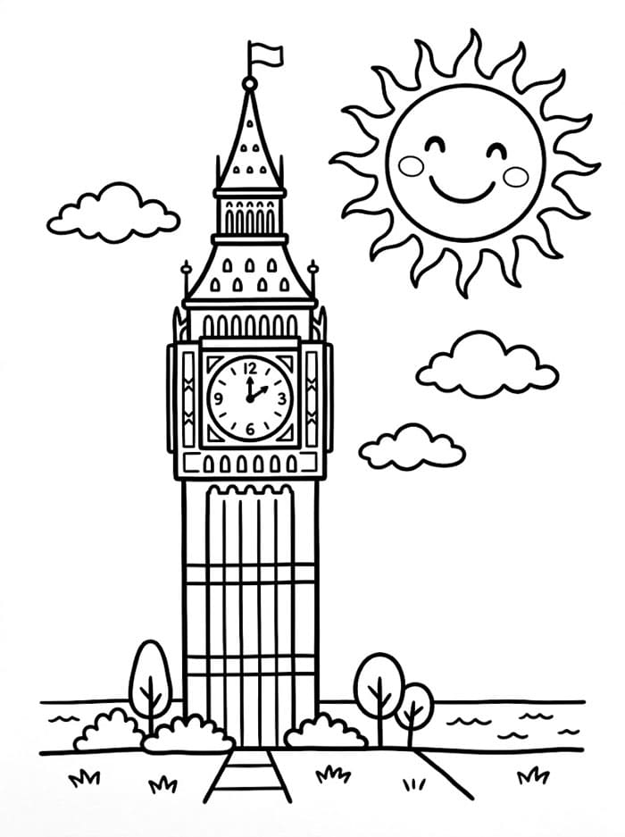 Big Ben og smilende sol fargelegging