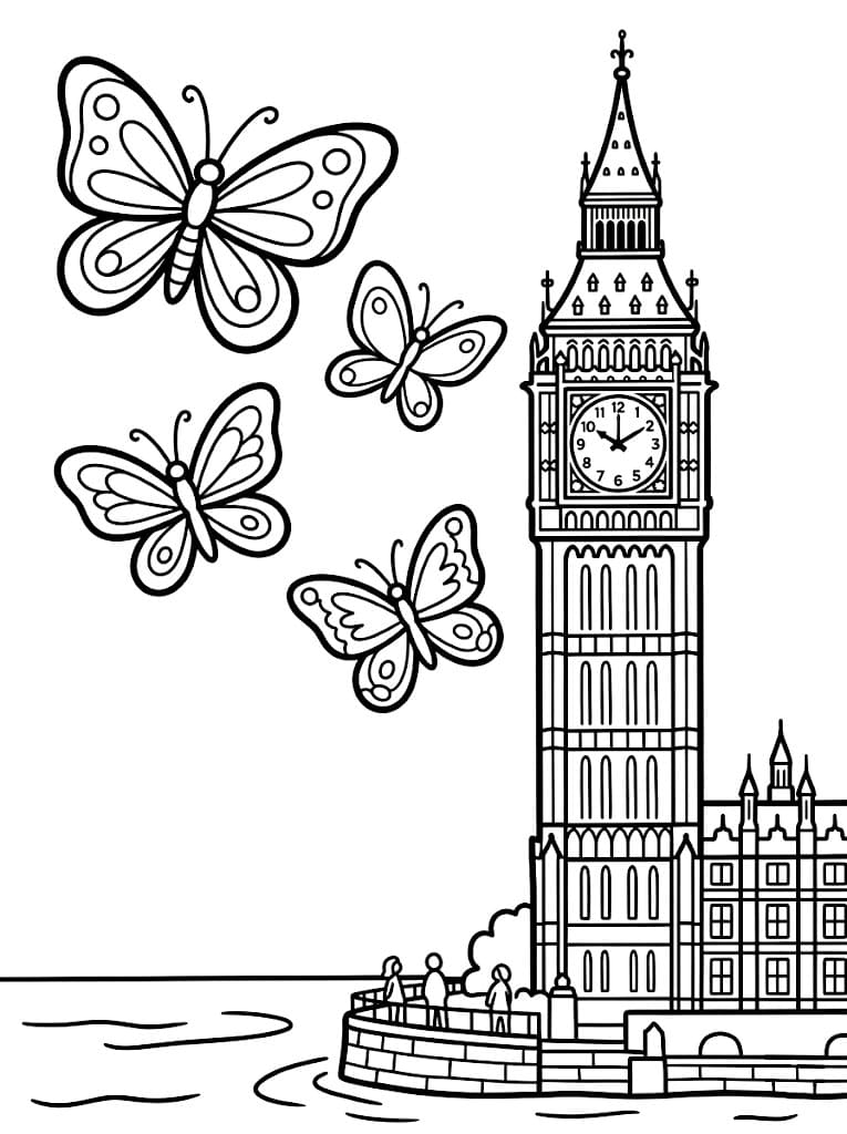 Big Ben og sommerfugler fargelegging