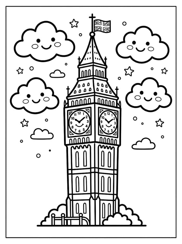 Big Ben og vennlige skyer fargelegging