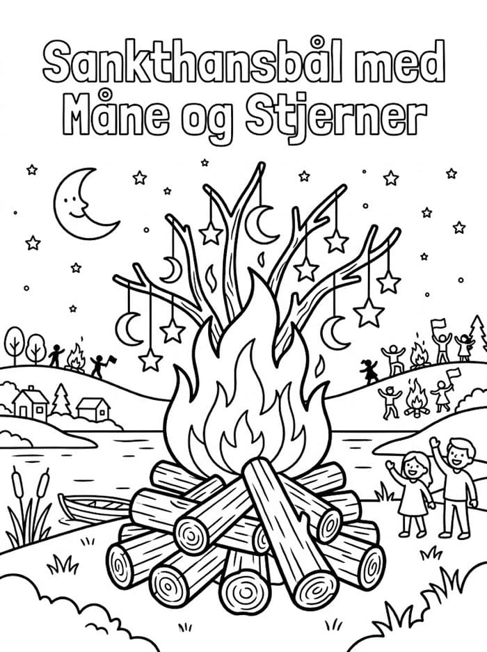Sankthansbål med Måne og Stjerner fargelegging