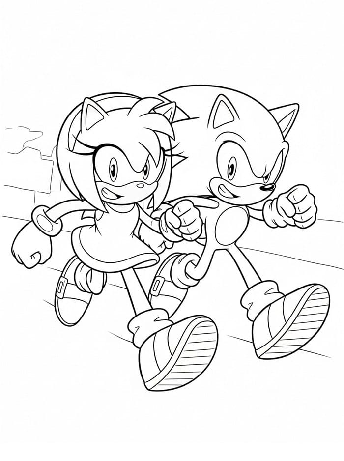 Amy Rose og Sonic løper sammen fargelegging