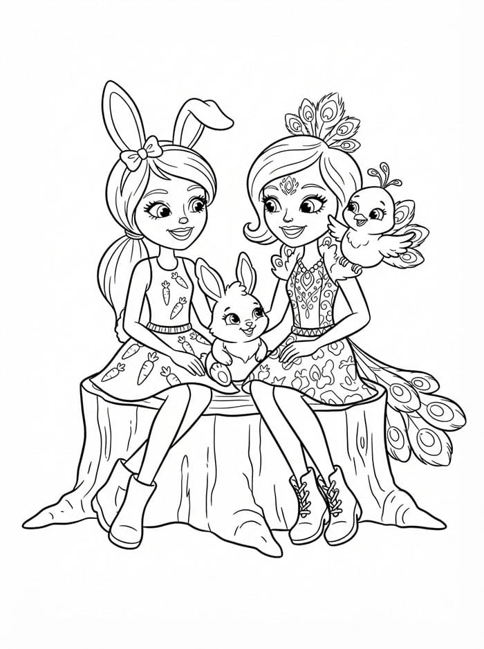 Enchantimals Bree Bunny og Patter Peacock sitter fargelegging