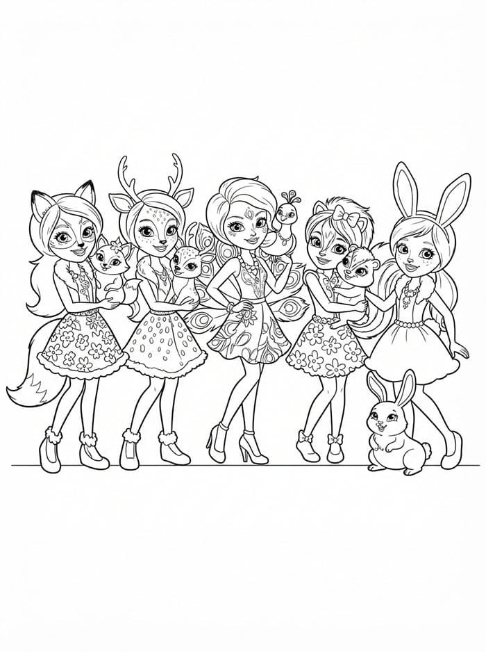 Fem Enchantimals figurer fargelegging