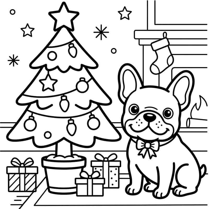Fransk bulldog og juletre fargelegging