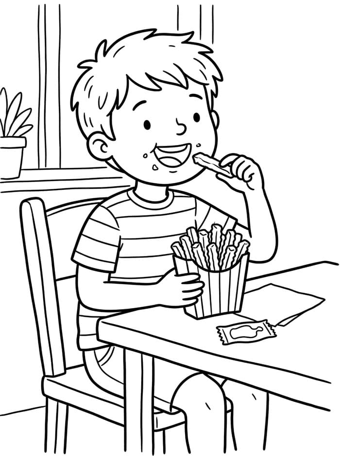 Gutt spiser pommes frites fargelegging