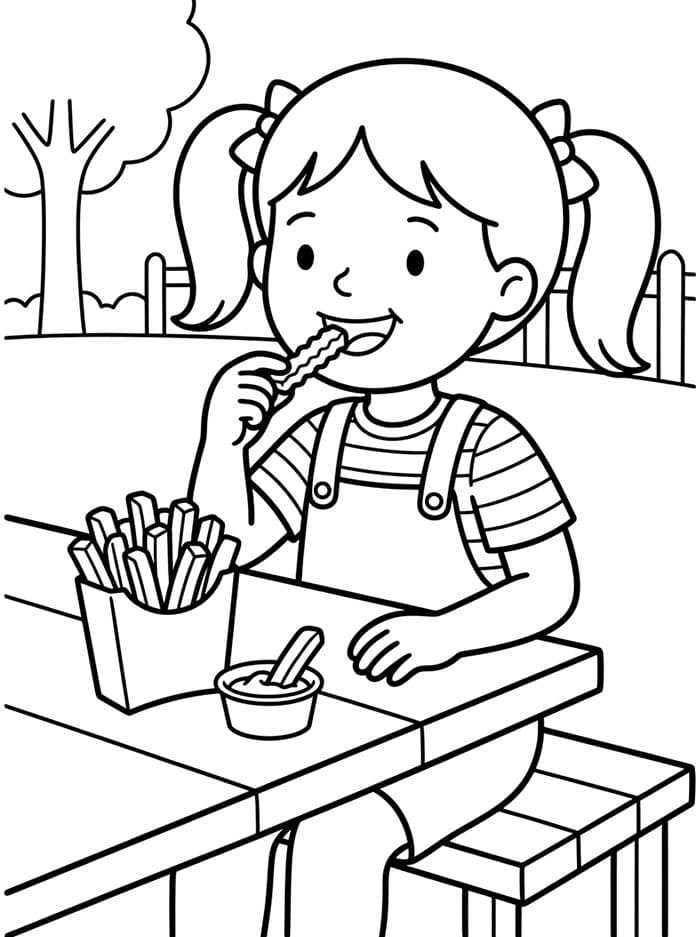 Jente spiser pommes frites fargelegging
