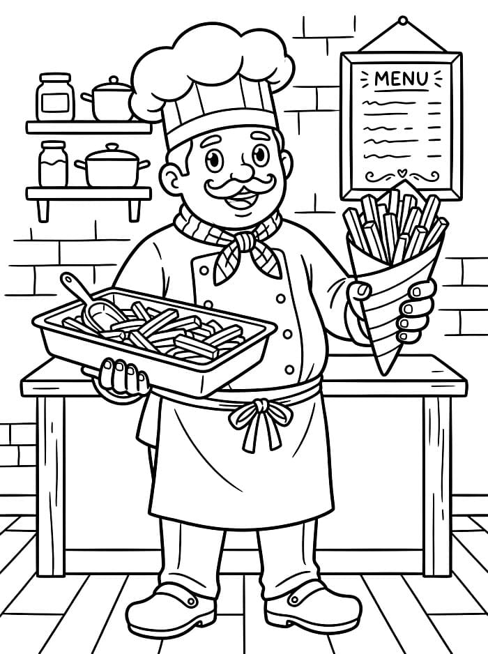 Kokk serverer pommes frites fargelegging