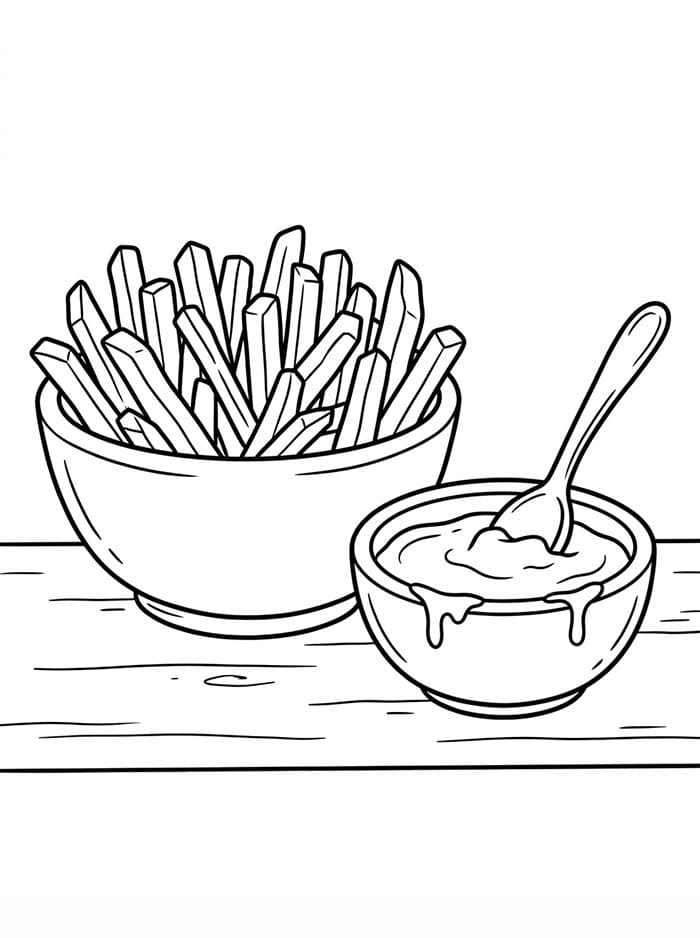 Pommes frites med ostedipp fargelegging
