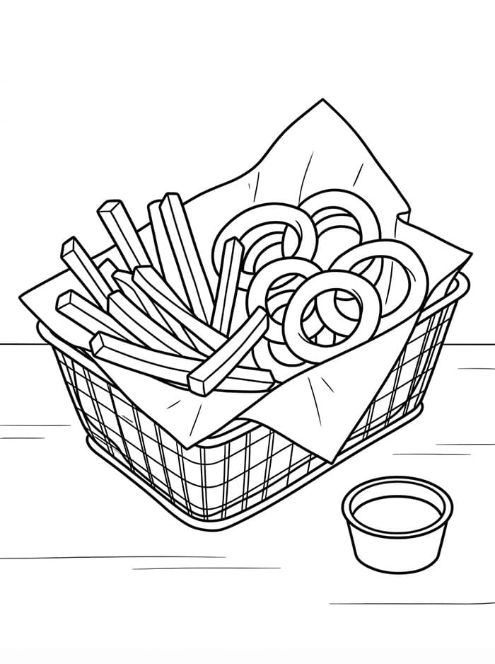 Pommes frites og løkringer fargelegging