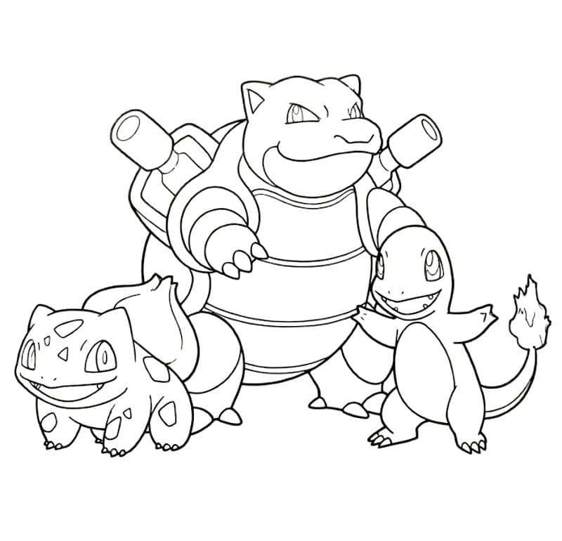 Blastoise med Charmander og Bulbasaur fargelegging