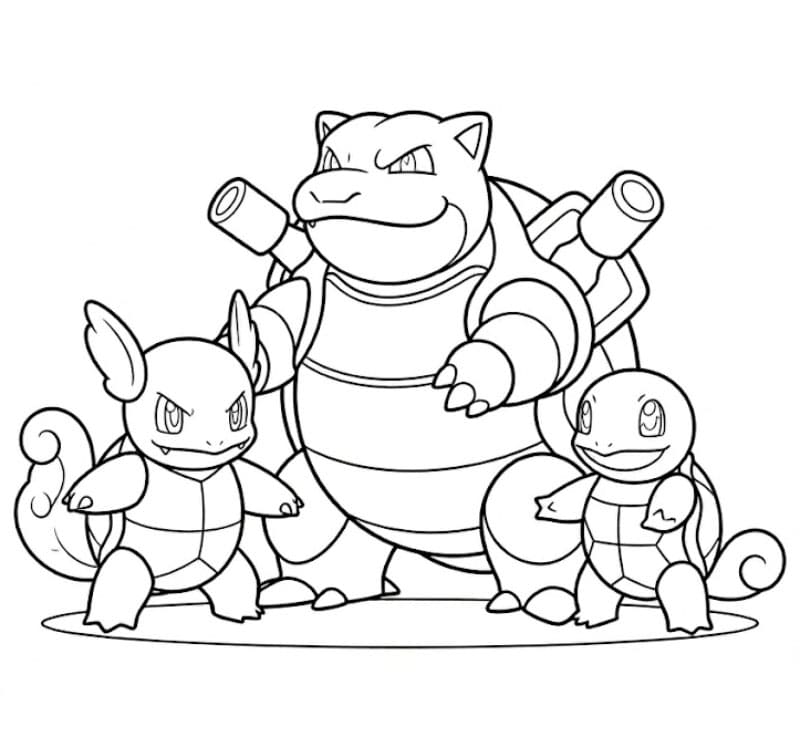 Blastoise med Squirtle og Wartortle fargelegging