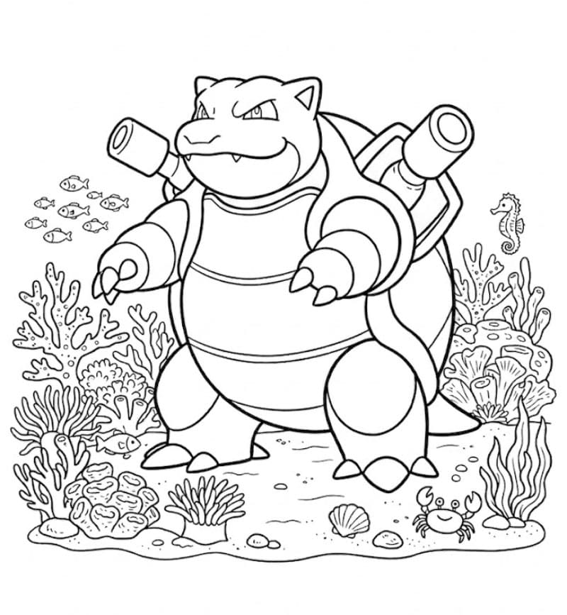 Blastoise på et korallrev fargelegging