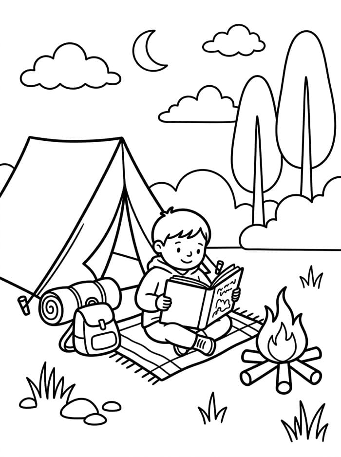 Camping med bok å lese fargelegging