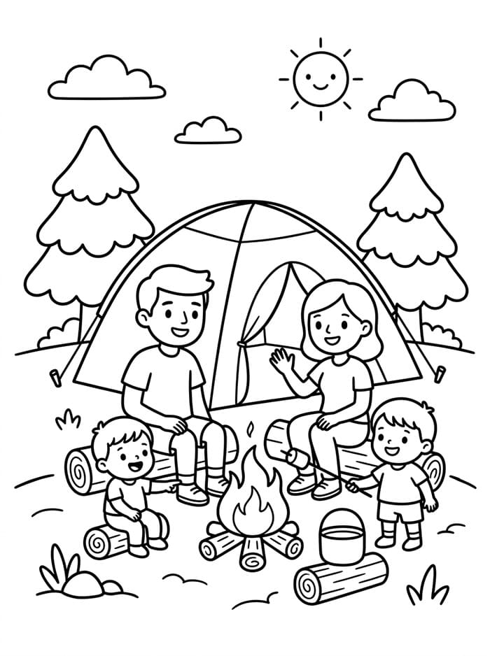 Camping med familien fargelegging