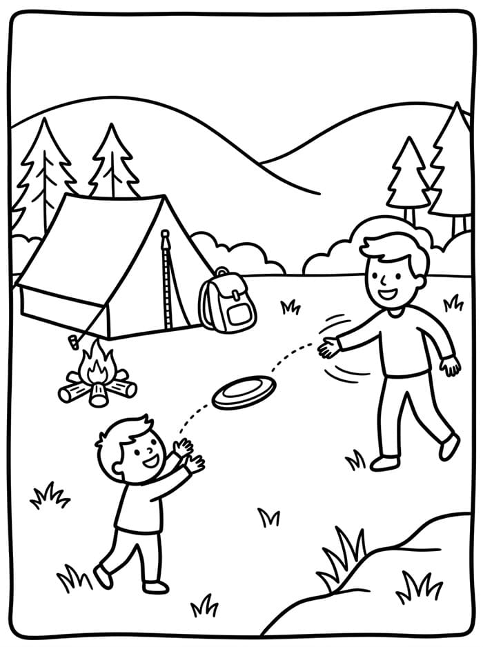 Camping med frisbee fargelegging