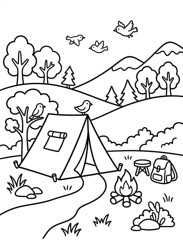 Camping med fugler fargelegging