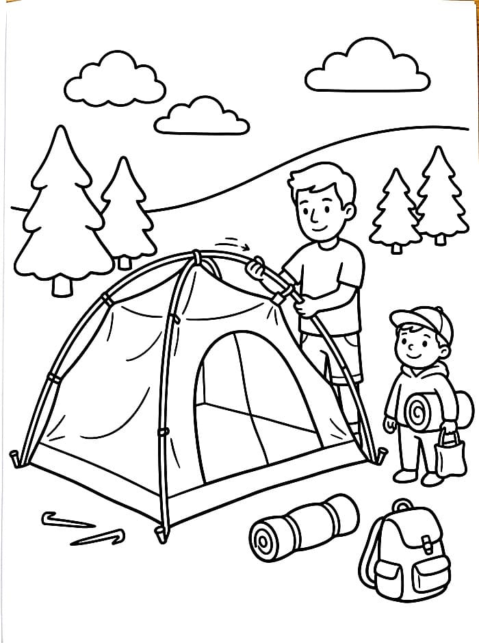 Camping med nedtaking av teltet fargelegging