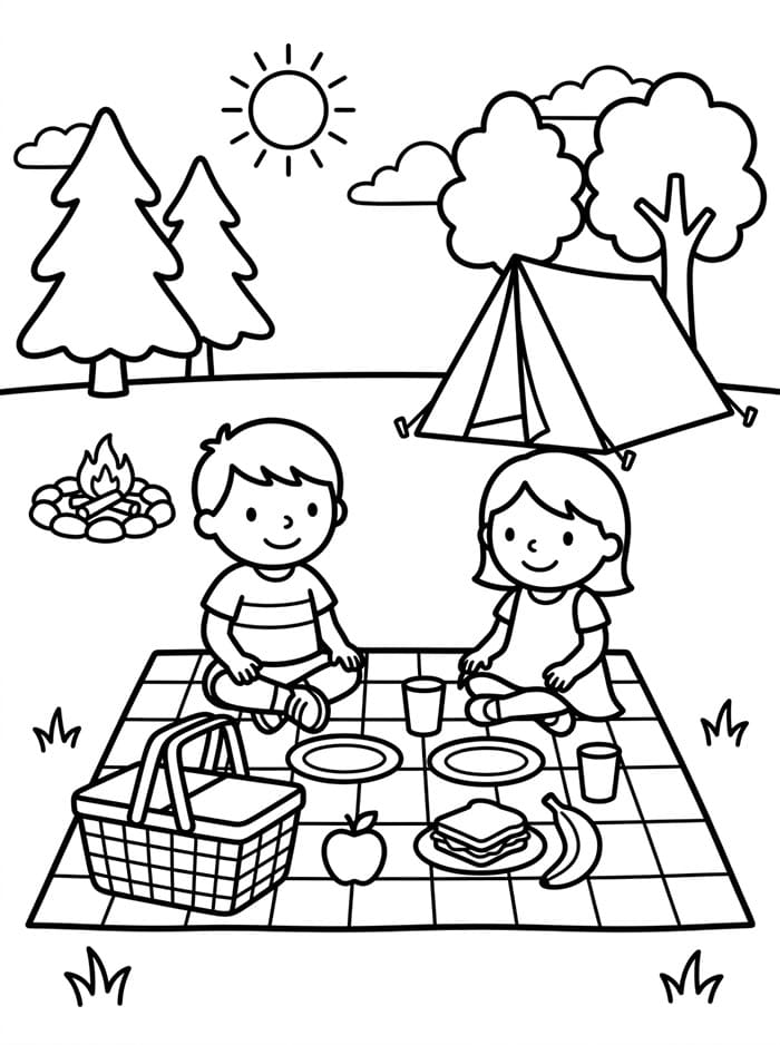 Camping med piknik fargelegging
