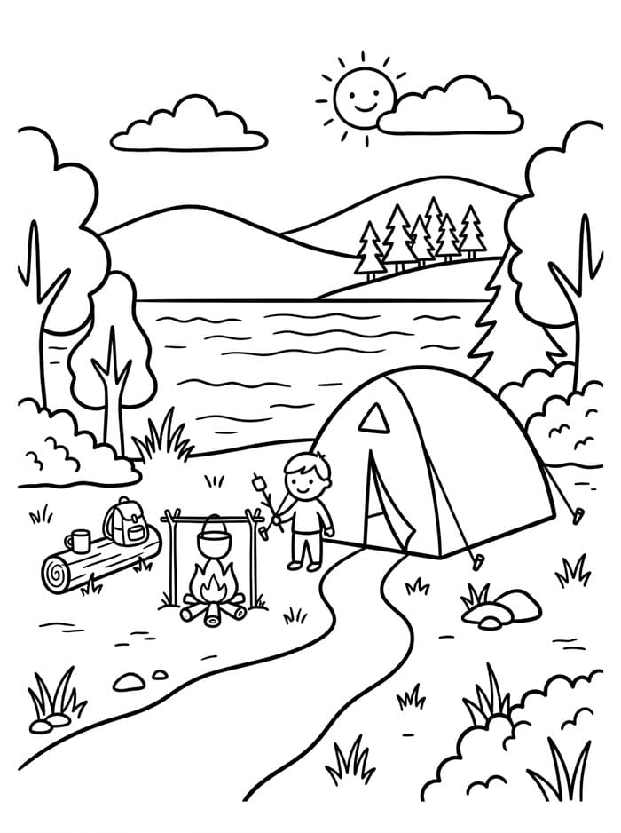 Camping ved innsjøen bilde fargelegging