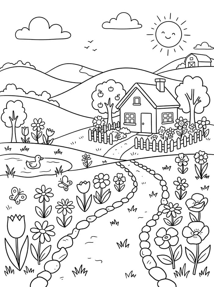 Landskap med blomster fargelegging