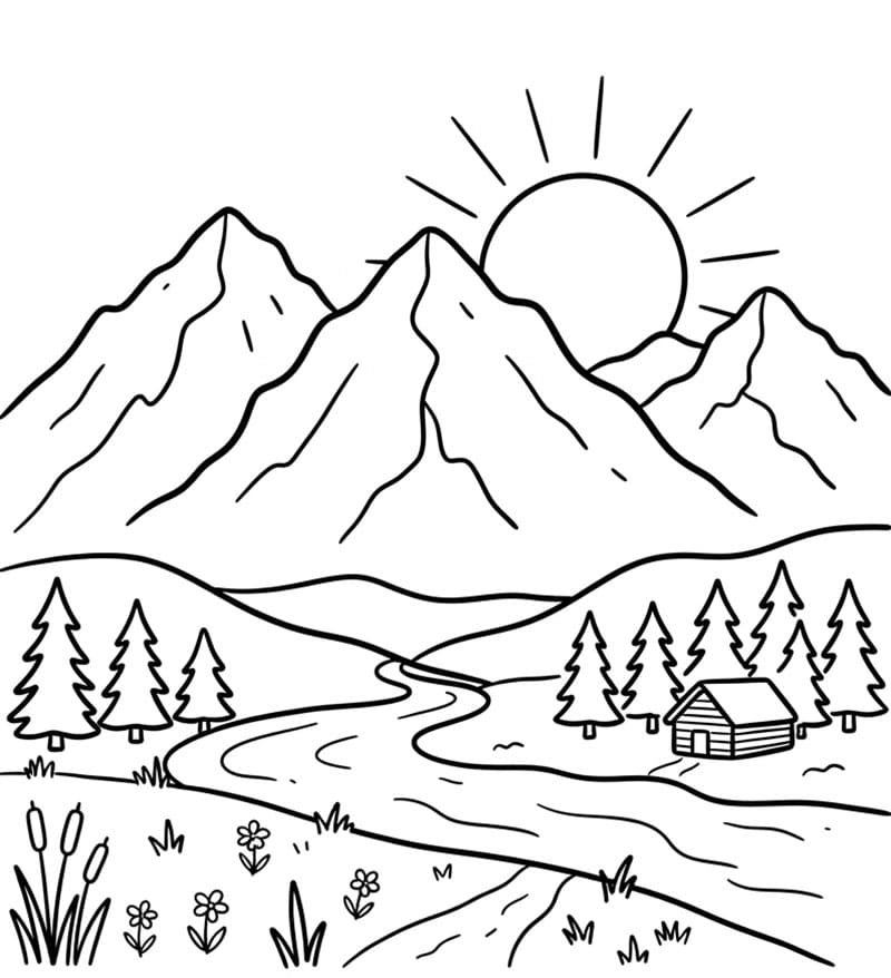 Landskap med fjellsolnedgang fargelegging