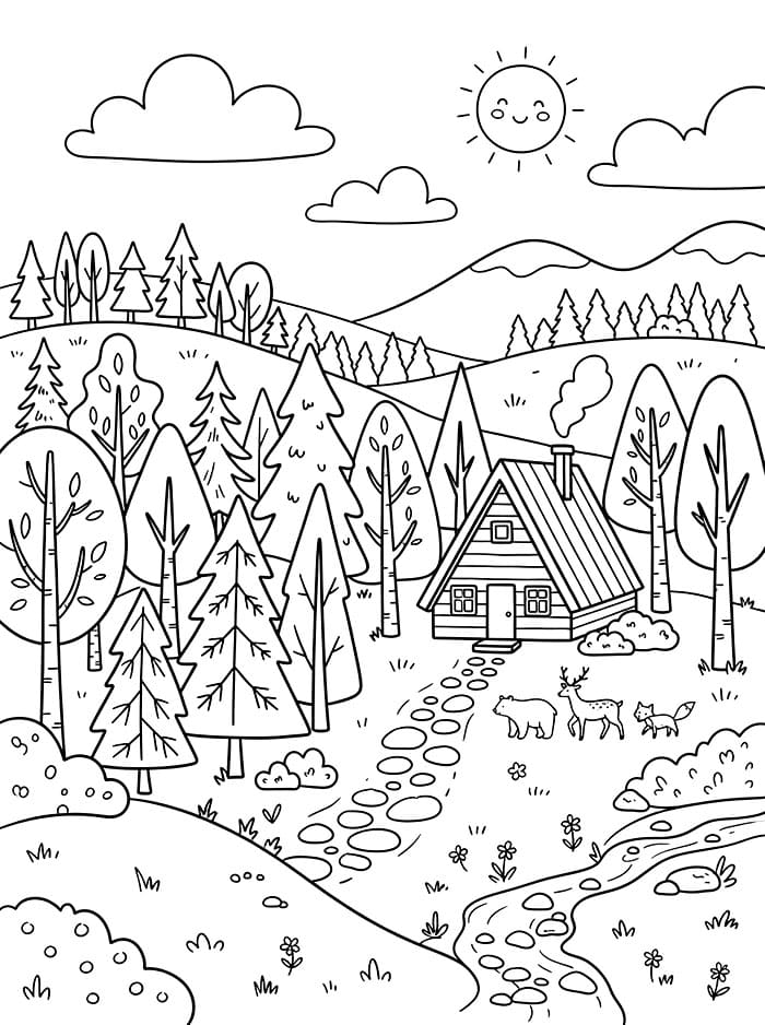Landskap med skandinavisk skog fargelegging