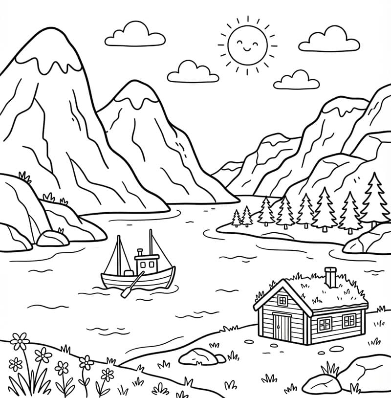 Norsk fjordlandskap fargelegging