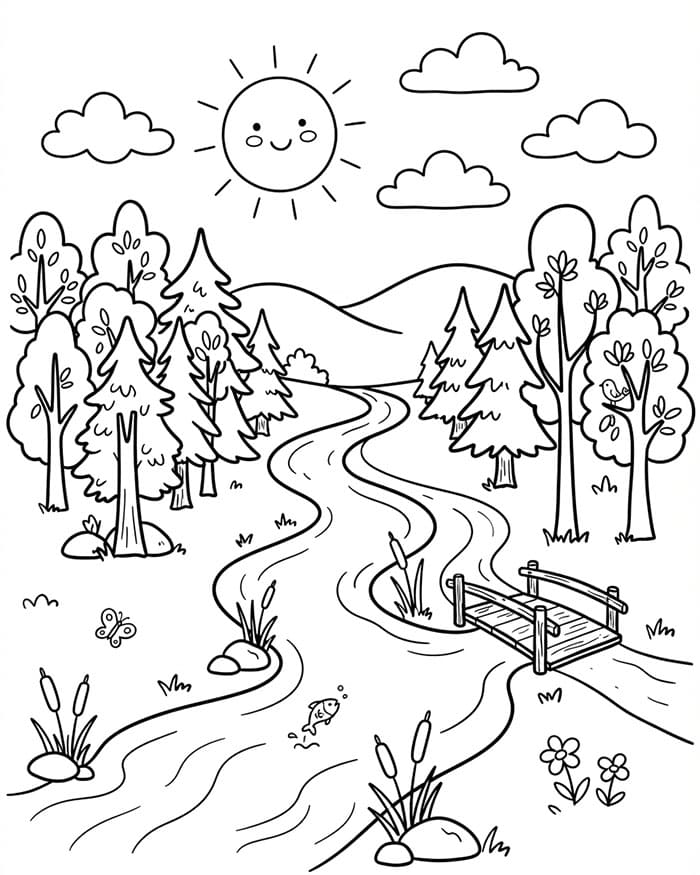 Skog- og elvelandskap fargelegging