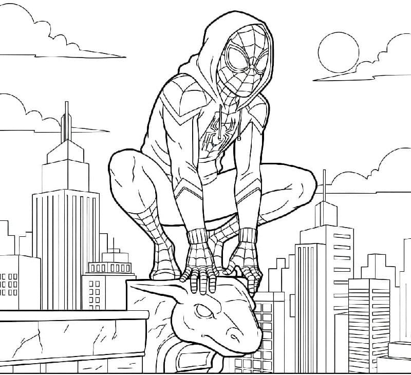 Miles Morales sitter på huk fargelegging